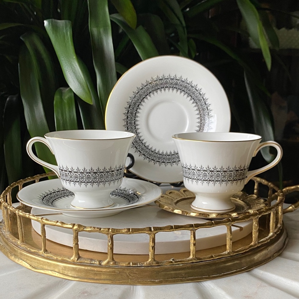 Rare Pair of Wedgwood Astor Teacup + Saucers - Black + White Bone China Set of 2